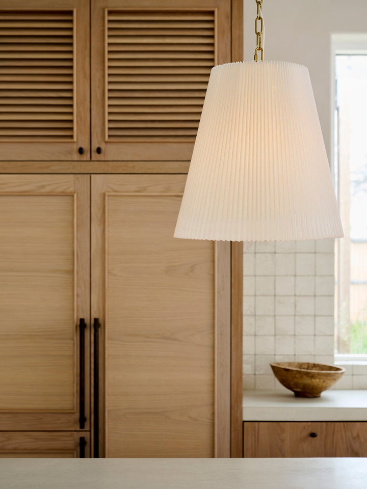 Beacon Lighting Amici 1-Light Pendant Light Aged Brass with Pleated White Linen Shade Modern Ceiling Pendant