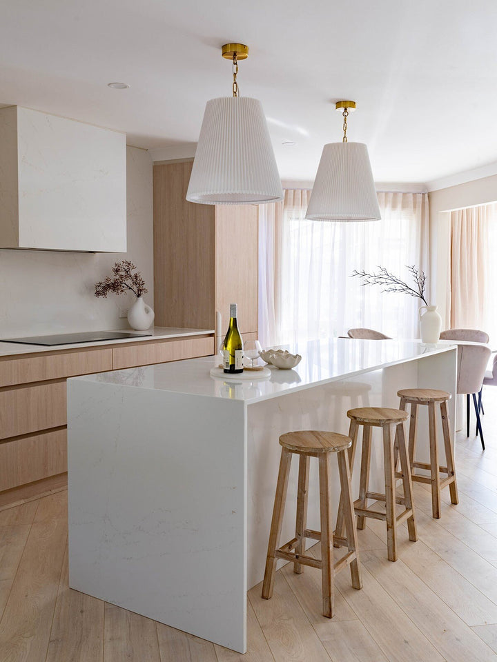 Beacon Lighting Amici 1-Light Pendant Light Aged Brass with Pleated White Linen Shade Modern Ceiling Pendant