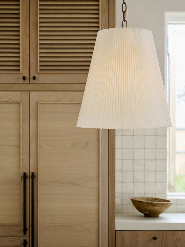 Beacon Lighting Amici 1-Light Pendant Light Bronze with Pleated Natural Linen Shade Modern Ceiling Pendant