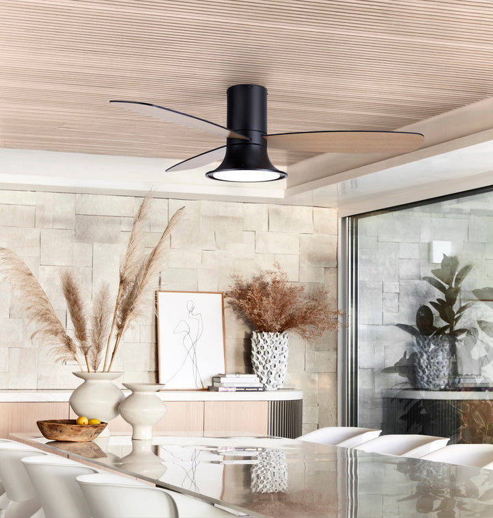 Lucci Air Flusso 52" Flush Mount DC Indoor/Outdoor Ceiling Fan with Light and Remote, Damp Rated, Low Profile Modern Black Ceiling Fan