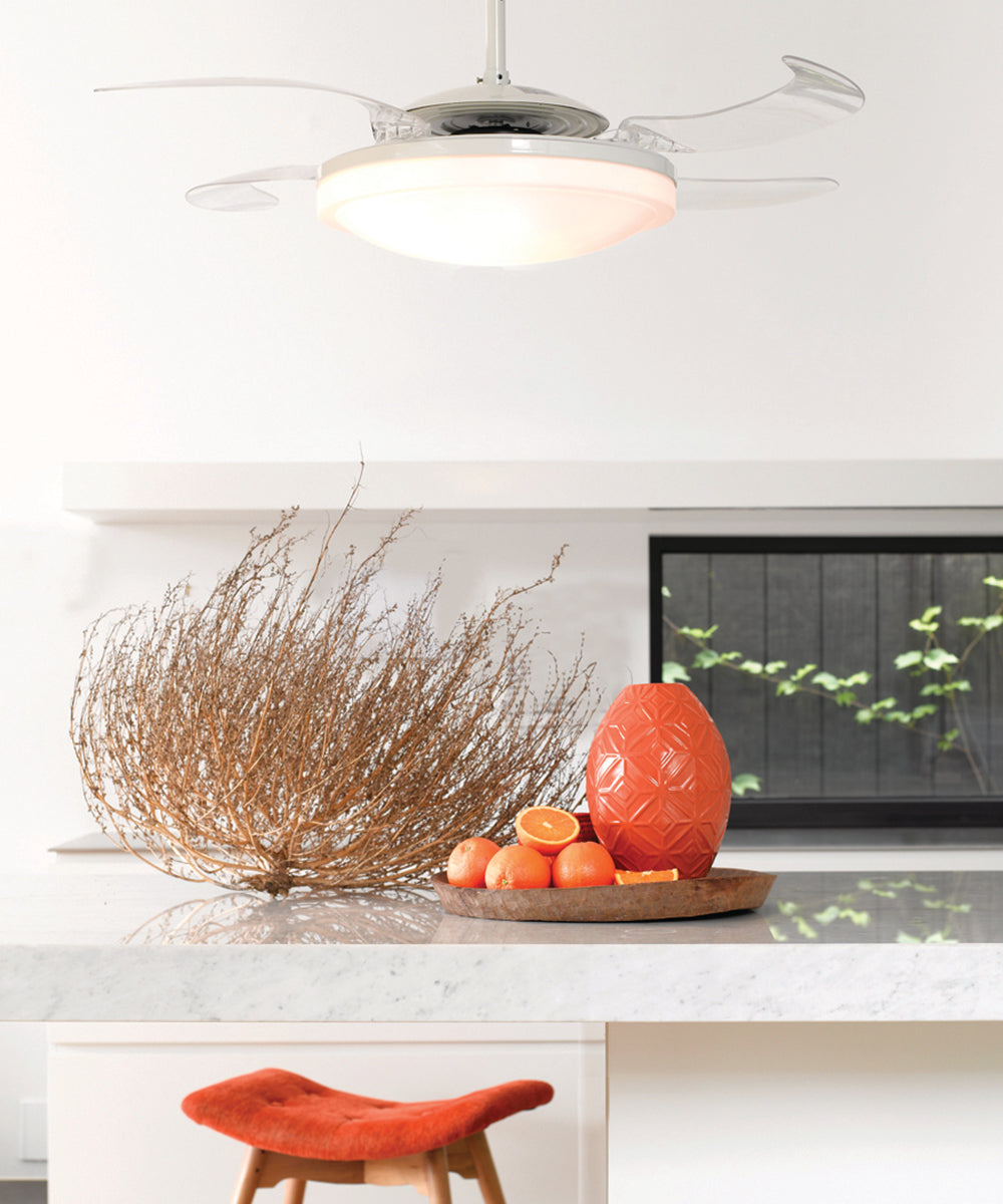 Fanaway Evo2 48" Retractable Blade Ceiling Fan with Light and Remote, Modern Fandelier Ceiling Fan, Patented Design Technology, Stronger Thicker Blades, White