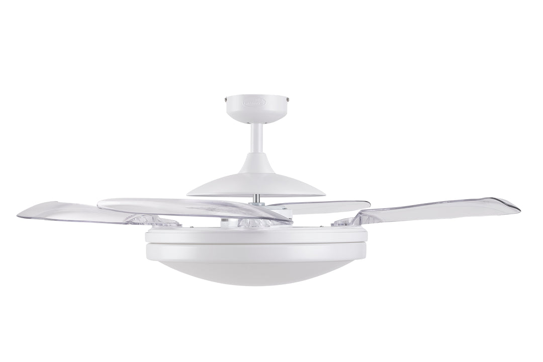 Fanaway Evo2 48" Retractable Blade Ceiling Fan with Light and Remote, Modern Fandelier Ceiling Fan, Patented Design Technology, Stronger Thicker Blades, White