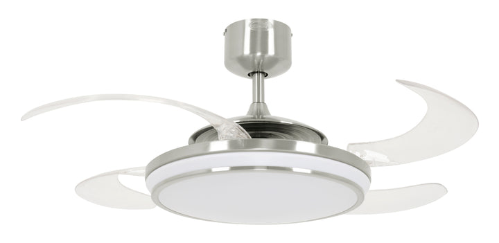 Fanaway Evo1 48" Retractable Blade Ceiling Fan with Light and Remote, Color Adjustable LED Fandelier Ceiling Fan, Patented Design Technology, Stronger Thicker Blades, Brushed Chrome