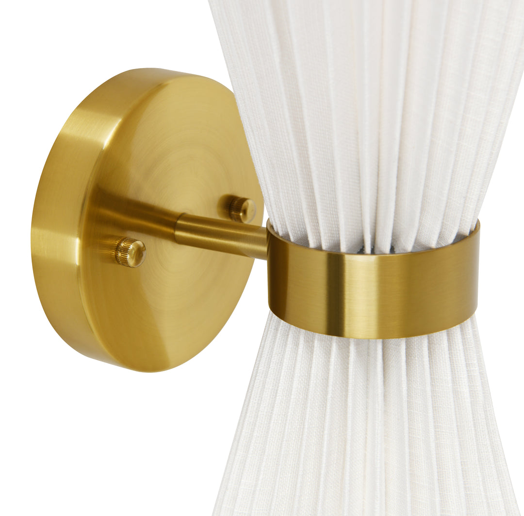 Beacon Lighting Amore 2-Light Wall Sconce Aged Brass with Pleated White Linen Shades Modern Wall Lighting Fixture
