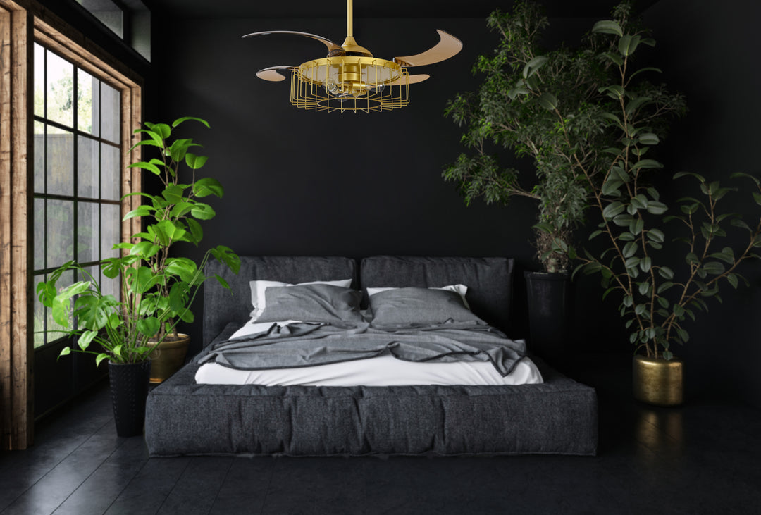 Fanaway Sheridan 48" Retractable Blade Ceiling Fan with Light and Remote, Modern Fandelier Ceiling Fan, Patented Design Technology, Stronger Thicker Blades, Gold