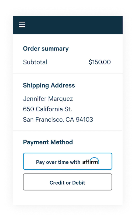 Checkout on a phone showing the order summary, shipping address and payment methods, with Pay over time with Affirm highlighted.