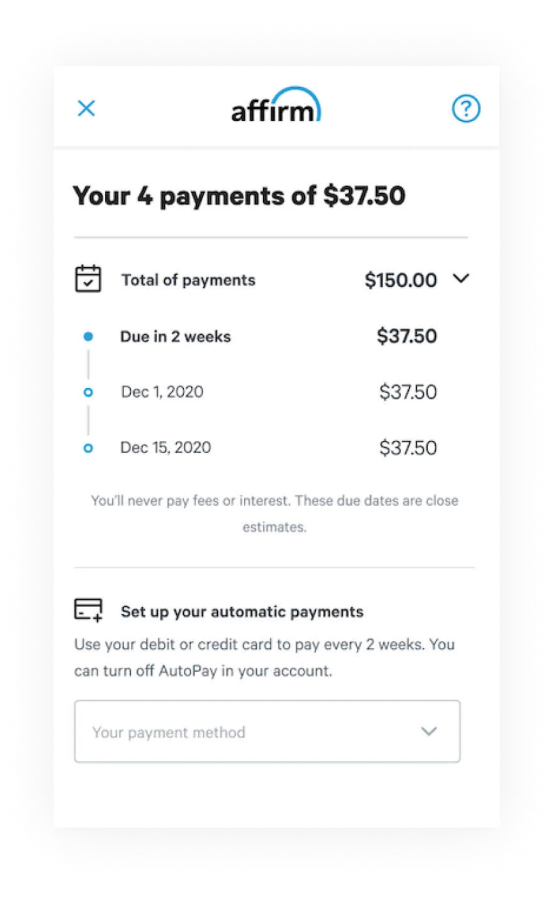 Affirm screen on a phone showing four payments of $37.50 due every two weeks and a field to set up automatic payments.