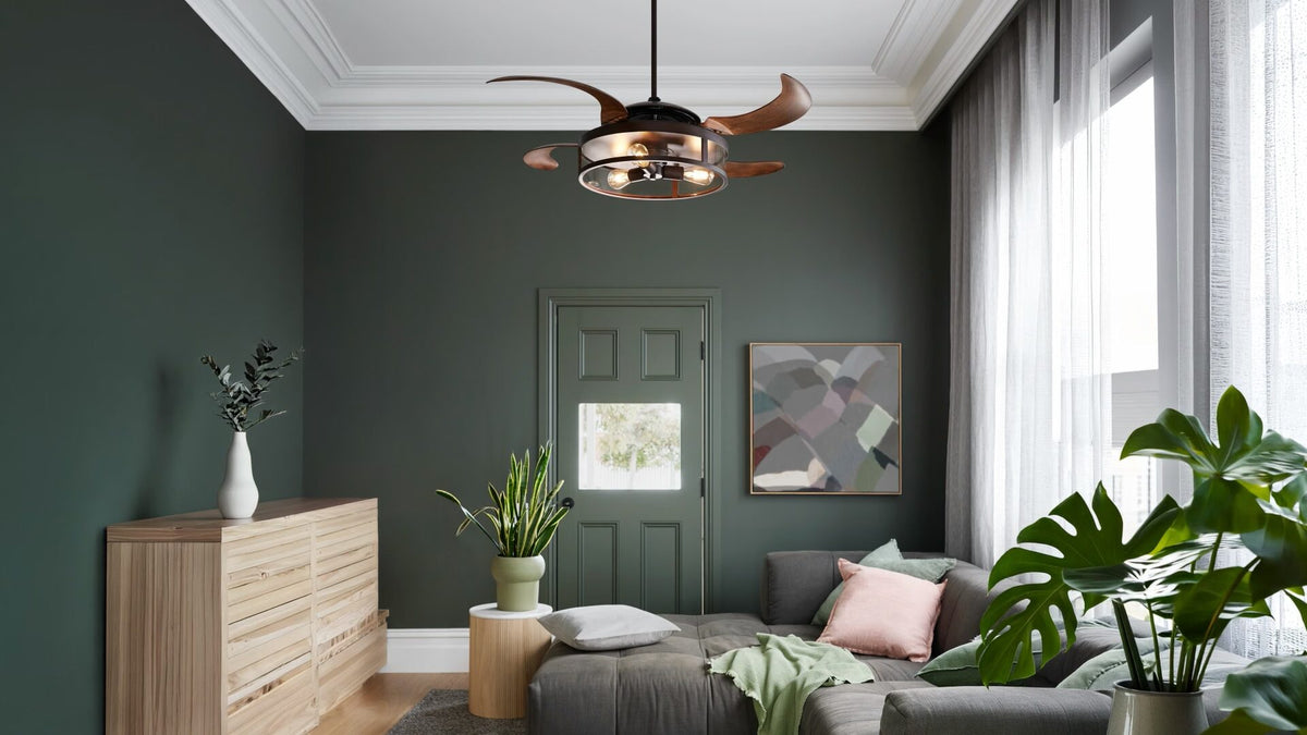 Fanaway ceiling fan with timber blades and a caged light in a dark green living room