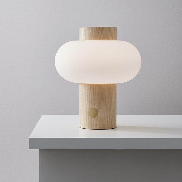 Zion 1 Light Table Lamp in Teak with Opal Frosted Glass Shade and Brass Detail